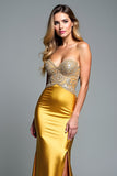 Gouden Appliques Kralen Strapless schede Prom jurk met spleet