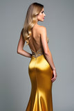 Gouden Appliques Kralen Strapless schede Prom jurk met spleet