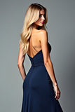 Navy Sheath Strapless Lange Formele Jurk met Split