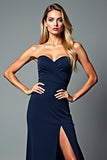 Navy Sheath Strapless Lange Formele Jurk met Split