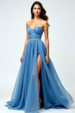 Grijs Blauwe Chiffon Lange Sweetheart A Line Prom Jurk met Split