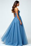 Grijs Blauwe Chiffon Lange Sweetheart A Line Prom Jurk met Split