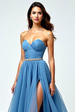 Grijs Blauwe Chiffon Lange Sweetheart A Line Prom Jurk met Split