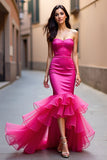 Fuchsia Zeemeermin Lange Strapless Galajurk met Ruches