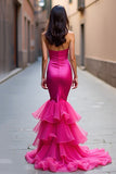 Fuchsia Zeemeermin Lange Strapless Galajurk met Ruches