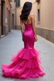 Fuchsia Zeemeermin Lange Strapless Galajurk met Ruches