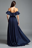 Off the shoulder marineblauwe ruches A Line formele jurk