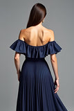 Off the shoulder marineblauwe ruches A Line formele jurk