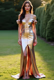 Metallic Rose Gouden Off the Shoulder Galajurk met split aan de voorkant