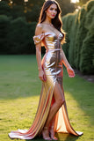 Metallic Rose Gouden Off the Shoulder Galajurk met split aan de voorkant