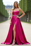 Fuchsia Strapless A-lijn galajurk met split