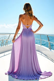 Paarse chiffon halter geplooide lange bruiloft gast jurk met spleet