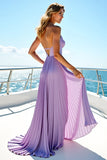 Paarse chiffon halter geplooide lange bruiloft gast jurk met spleet