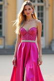 Fuchsia A Line Strapless Korset Pailletten Prom Jurk