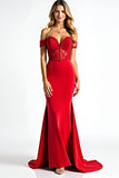 Rode zeemeermin Off The Shoulder Korset Lange Prom Jurk Met Kant