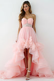 Glitter Blush Roze A-lijn Strapless Ruches High-Low Ruched Prom Jurk met Kralen