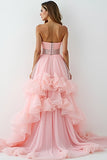 Glitter Blush Roze A-lijn Strapless Ruches High-Low Ruched Prom Jurk met Kralen