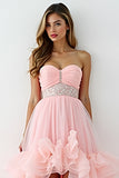 Glitter Blush Roze A-lijn Strapless Ruches High-Low Ruched Prom Jurk met Kralen