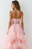 Glitter Blush Roze A-lijn Strapless Ruches High-Low Ruched Prom Jurk met Kralen