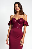 Bordeauxrode Glitter Zeemeermin Off the Shoulder Lange Prom Jurk met Pailletten