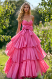 Roze A Line Strapless Gelaagde Taffeta Galajurk met ruches