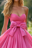 Roze A Line Strapless Gelaagde Taffeta Galajurk met ruches