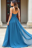 Blauwe chiffon A lijn spaghettibandjes ruched prom jurk