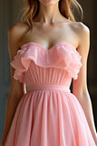 Roze Organza A Line Sweetheart Ruches A Line Prom Dress