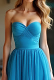 A Line Blauwe Strapless Geplooide Lange Galajurk met Split