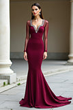 Elegante zeemeermin Backless Bordeaux formele jurk met lange mouwen