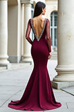 Elegante zeemeermin Backless Bordeaux formele jurk met lange mouwen