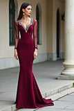 Elegante zeemeermin Backless Bordeaux formele jurk met lange mouwen