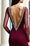 Elegante zeemeermin Backless Bordeaux formele jurk met lange mouwen