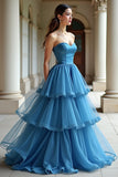 A Line Strapless Blauwe Gelaagde Organza Lange Galajurk