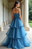 A Line Strapless Blauwe Gelaagde Organza Lange Galajurk