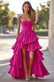 Fuchsia A-lijn strapless ruches met ruches satijnen high-low galajurk