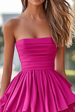 Fuchsia A-lijn strapless ruches met ruches satijnen high-low galajurk