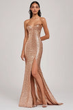 Sparkly Champagne Zeemeermin Strapless Pailletten Lange Prom Jurk met Split