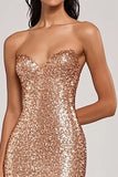 Sparkly Champagne Zeemeermin Strapless Pailletten Lange Prom Jurk met Split