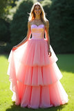 Roze A-lijn strapless ruches tule lange galajurk