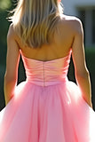 Roze A-lijn strapless ruches tule lange galajurk