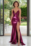 Metallic donker paarse zeemeermin spaghettibandjes ruches lange Prom jurk met split