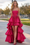 Fuchsia A-lijn strapless ruches satijnen plooien high-low galajurk