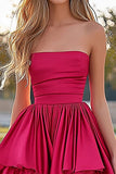 Fuchsia A-lijn strapless ruches satijnen plooien high-low galajurk