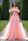 Prinses Roze Baljurk Gegolfd Off the Shoulder Tule Lange Prom Jurk met Kralen