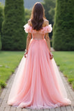 Prinses Roze Baljurk Gegolfd Off the Shoulder Tule Lange Prom Jurk met Kralen