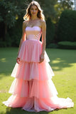 Roze A-lijn strapless ruches tule baljurk