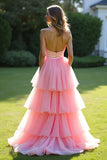 Roze A-lijn strapless ruches tule baljurk