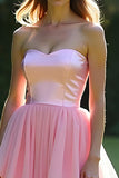 Roze A-lijn strapless ruches tule baljurk