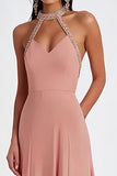 Halter Chiffon roze schede Ruched formele jurk met kralen